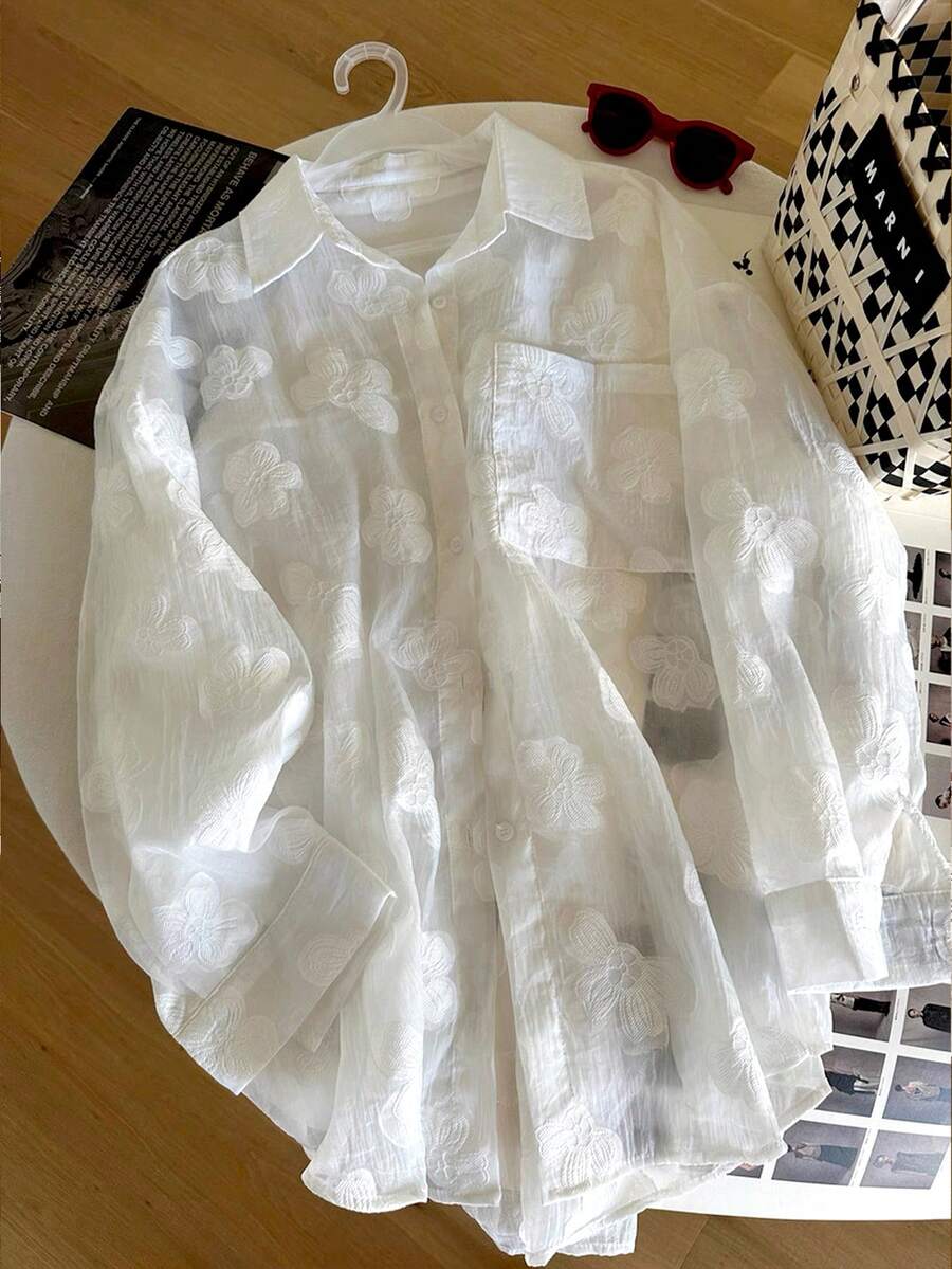 Resyla Áo khoác chống nắng dài tay trong suốt 3D dệt jacquard dành cho nữ - trắng - Xem 1