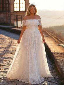 Glamrae Plus Size Elegant White Spring Wedding Dress Lace Off Shoulder Ruffle Sleeve Basque Waist Puff Bridal Gown For Women Weddings And Events Wedding - White - View 5