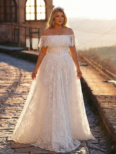 Glamrae Plus Size Elegant White Spring Wedding Dress Lace Off Shoulder Ruffle Sleeve Basque Waist Puff Bridal Gown For Women Weddings And Events