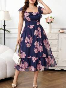 Reflora 大码女士优雅印花连衣裙，夏季婚礼宾客礼服 - 彩色 - 查看 7