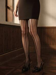 Bisouelle 1 par de medias transparentes y delgadas con rayas verticales retro y románticas para niñas - Negro - Ver 3