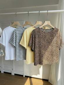 Comfortcana 4pcs/Set Solid Color Brown Casual Versatile Plus Size T-Shirts Spring Summer Gym - Multicolor - View 2