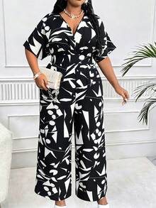 Maweii Bộ jumpsuit ống rộng in họa tiết toàn thân cổ chữ V tay cánh dơi, eo thon, phong cách nghỉ dưỡng thời trang và thanh lịch dành cho nữ cỡ lớn. - Đen và trắng - Xem 5