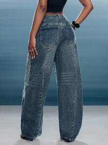 Jeans de pierna de barril con parches de bolsillo de mezclilla, jeans de declaración, jeans de barril, moda streetwear - Azul lavado medio - Ver 10