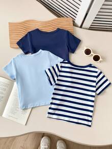 Playful Pals Set 3 buc. Tricouri casual cu mânecă scurtă, tricotate moi, cu imprimeu de cai și dungi solide, pentru bebeluși, cu guler rotund, potrivite pentru ținute sport de primăvară/vară, purtare de zi cu zi, purtare acasă, stil minimalist, tricouri simple și versatile cu mânecă scurtă, cu dungi, pentru bebeluși, pentru băieți - Multicolor - Vizualizare 2