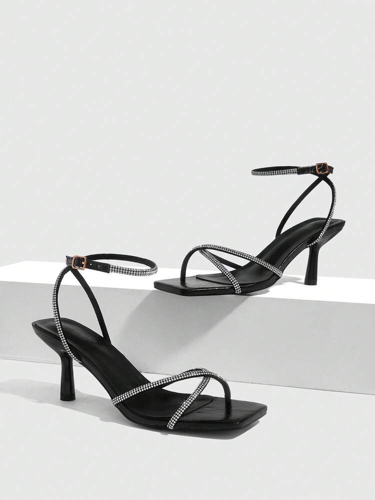 CUCCOO SZL Women's High Heel Sandals With Rhinestone Embellishment, Elegant And Charming, Versatile For Dating And Everyday Wear Summer Shoes