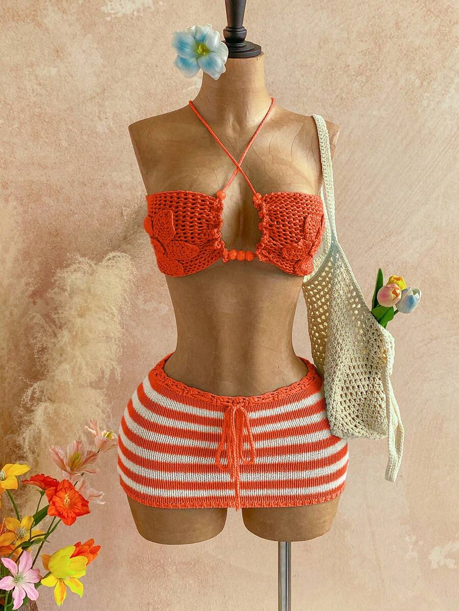 Soleia Women's Vacation Beach Golf Backless Halter Knit Top And White Mini Knit Skirt 2 Pieces Set Summer Sexy - Orange - View 1