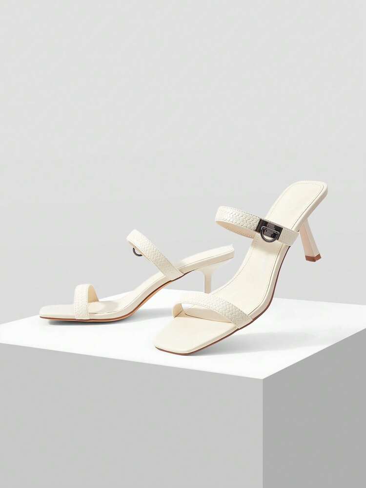 WOMEN'S SQUARE TOE METAL BUCKLE HIGH HEEL SANDALS