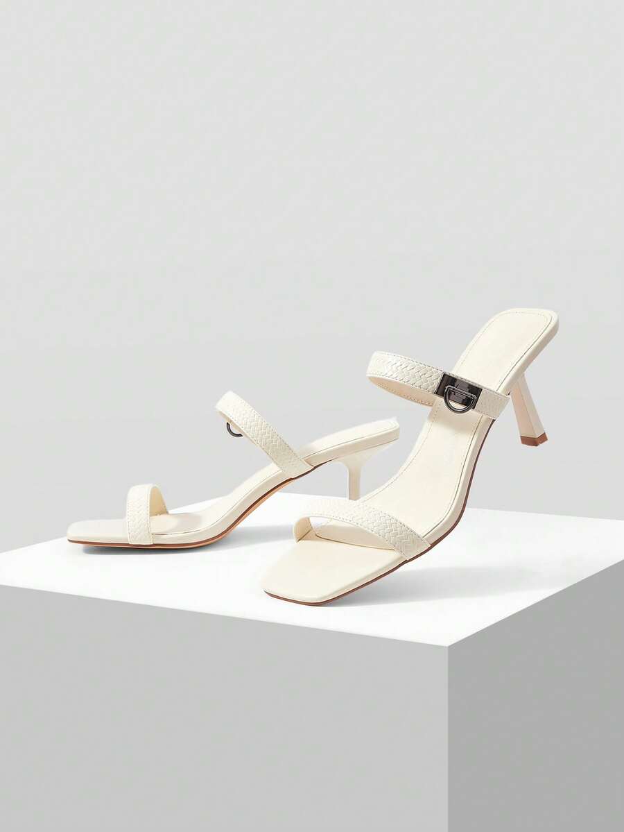 MOTF PREMIUM WOMEN'S SQUARE TOE METAL BUCKLE HIGH HEEL SANDALS SUMMER SHOES - Off-white - View 2