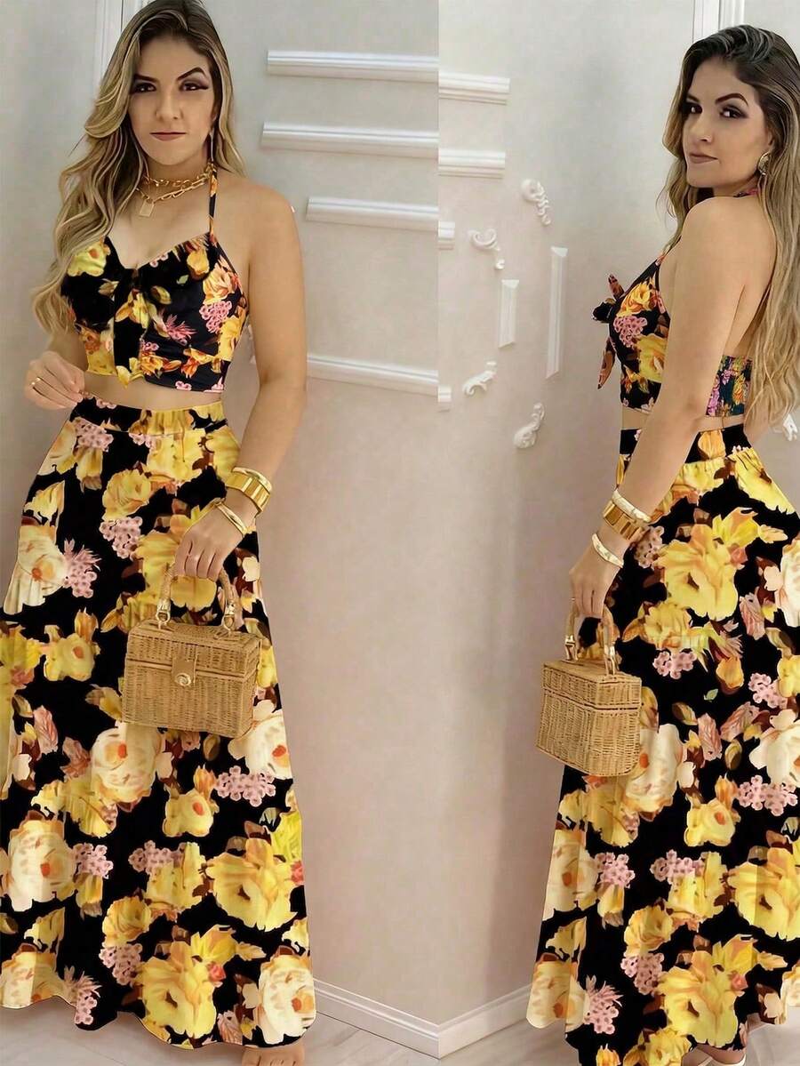 INAWLY 女士度假休闲风印花吊带背心上衣和半裙套装 - 黑色 - 查看 1