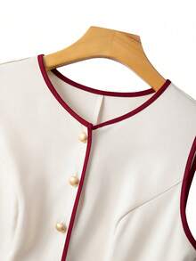 GlowEve CURVE Summer Contrast Color Sleeveless Vest Jacket, Main Body In Clean Beige/Off-White, Trim And Pockets, Plus Size For Women - Apricot - View 3