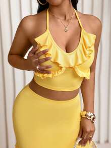 Lureya Women's Summer Spaghetti Strap Tank Top And Skirt 2 Piece Set, Scoop Neck Ruffle Trim Cropped Tank Top With Split Hem Skirt Caribbean Outfits For Women - Yellow - View 5