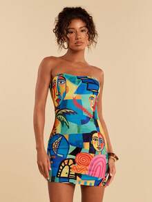 Travachic Graffiti Print Fitted Tube Dress, Casual Summer - Multicolor - View 5