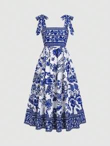 Sunnyshic Vestido de fiesta de moda de lujo con estampado azul y blanco de flores, estilo vintage elegante sin mangas con lazo en la cintura, para mujer de talla grande, para primavera/verano, para fiestas y vacaciones - Azul y blanco - Ver 3