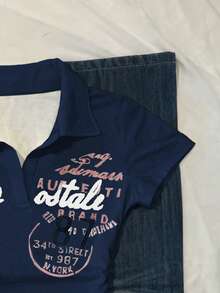 SHEIN Women's Letter Print Short Sleeve Casual Versatile T-Shirt - Navy Blue - View 5