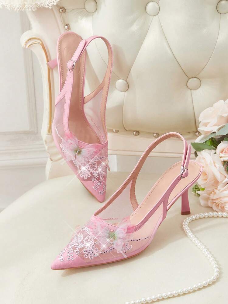 CUCCOO HITCHD Women Shoes Spring And Summer Embroidery Rhinestone Flower Butterfly Design Pointed Toe Thin Heel Back Strap Buckle 7cm Women's High Heel Shoes Solid Color Mesh Banquet Dating Versatile Comfortable Breathable Elegant Fashion