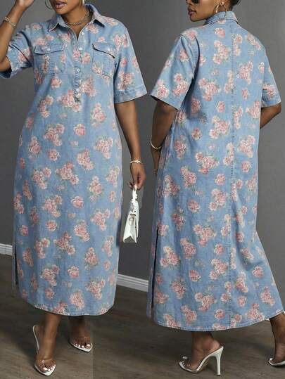 Slaydiva Đầm denim dáng rộng tay ngắn xẻ tà bên hông, họa tiết hoa, cỡ lớn, mùa hè, kiểu dáng thường ngày.