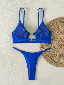 SHEIN Swim SXY 女士夏季沙滩性感度假金属配饰，细肩带丁字裤，性感比基尼套装 - 寶藍色 - 查看 3