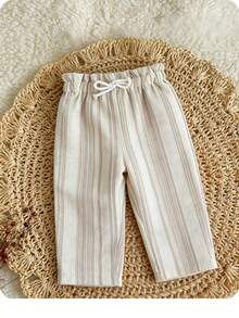 SHEIN LMoss Kids Babygirl 可爱休闲百搭条纹松紧腰夏季裤 - 米色 - 查看 1