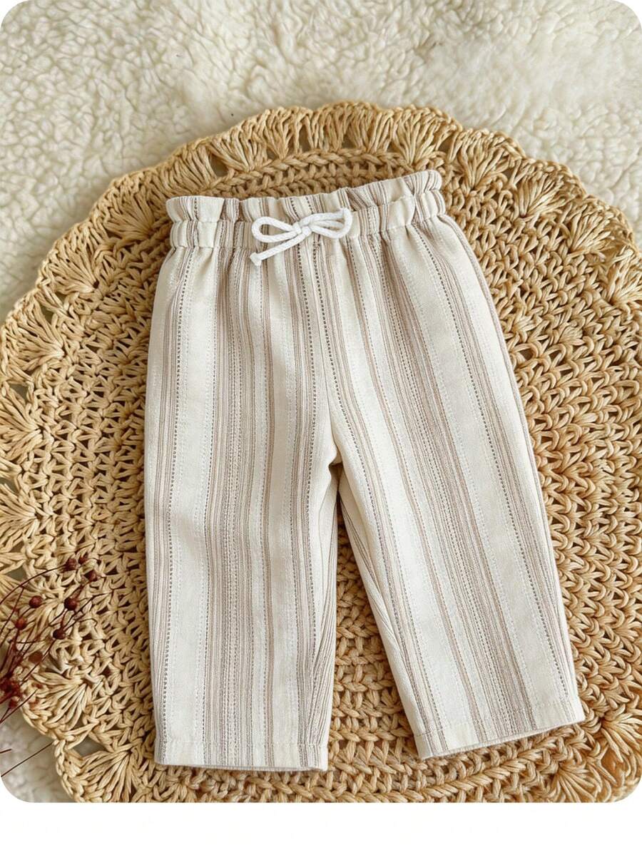 SHEIN LMoss Kids Babygirl 可爱休闲百搭条纹松紧腰夏季裤 - 米色 - 查看 1