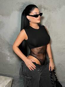 SHEIN SXY 性感蕾丝拼接无袖透视连体衣 - 黑色 - 查看 7