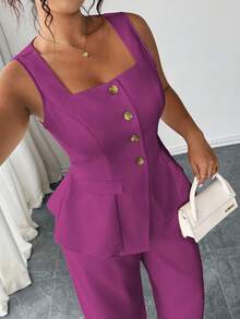Elenzga 大码优雅女装 优雅服饰 背心和半身裙 经典优雅连衣裙 女士正装 - 中紫紅色 - 查看 3