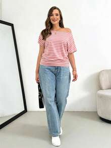 SHEIN Essnce Plus Size Women's Pastel Pink Striped Off-Shoulder Short-Sleeved T-Shirt,Summer Casual Everyday Loose Comfortable Slim Work Tops,Cruise Outfits - Pink - View 6