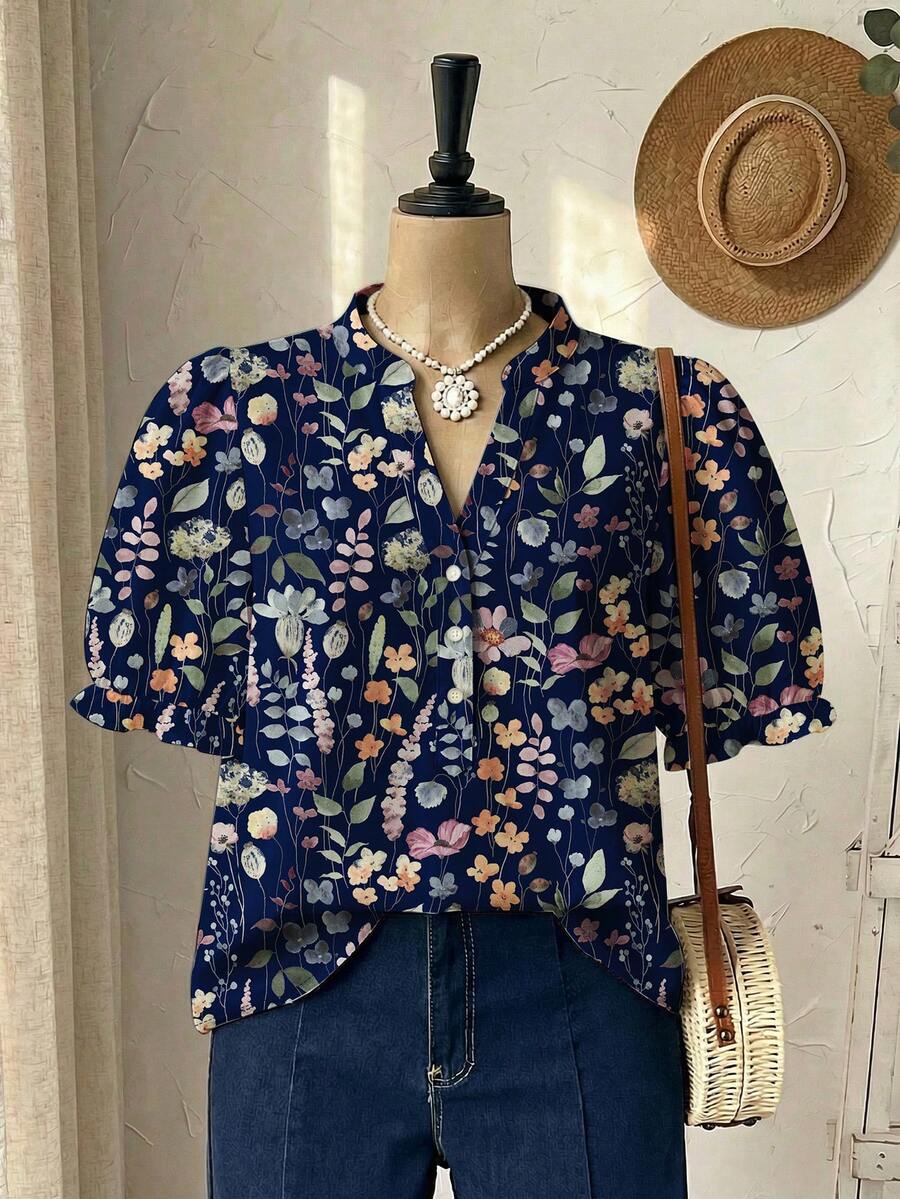 EMERY ROSE Casual Minimalist Floral Print Lantern Sleeve Shirt For Plus Size Women, Suitable For Summer - Multicolor - View 1