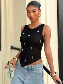 Muchica Áo tank top ôm sát người màu đen dệt kim bất đối xứng dành cho nữ - màu đen - Xem 5