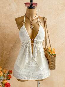 SHEIN WYWH Women's Vacation Burnout Lace Embroidery Halter Top And Mini Skirt Set - Apricot - View 1