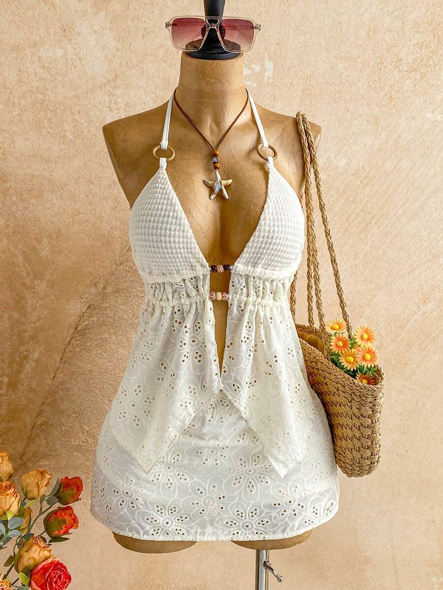 SHEIN WYWH Women's Vacation Burnout Lace Embroidery Halter Top And Mini Skirt Set - Apricot - View 1