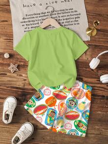 CoComelon X SHEIN Young Boy Summer Casual Vacation & Daily Commute Cartoon Print Short Sleeve T-Shirt And Shorts Set - White - View 2