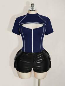SHEIN ICON 大码女式拉链短袖休闲镂空T恤 - 藏蓝色 - 查看 6