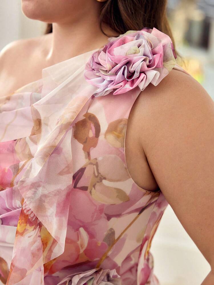 PLUS ROMANTIC FLORAL PRINT ONE SHOULDER RUFFLE DECOR DRESS, SPRING/SUMMER