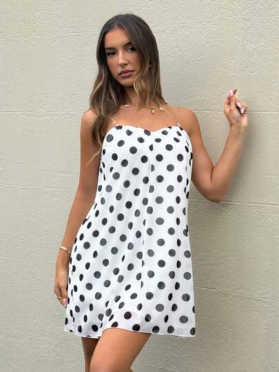 Aloruh 简约优雅黑白波点针织网纱抹胸连衣裙，宽松迷你裙，Y2K音乐节短裙