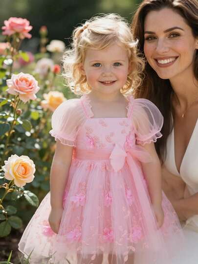 SHEIN Glamorique Kids 女婴公主裙，粉色网纱刺绣连衣裙，生日派对婚礼节日正式场合礼服，泡泡袖，蝴蝶结，3D立体花朵，针织连衣裙