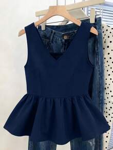 GlowEve CURVE Plus Size Women Casual Shirred Fitted A-Line Sleeveless Solid Color Tank Top - Navy Blue - View 4