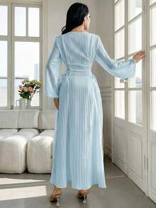 Al Najma Đầm nữ thanh lịch kiểu Ả Rập, phối sequin, thắt eo bằng ruy băng. - Màu xanh nhạt - Xem 6