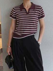 DAZY Women's Collared Striped Short Sleeve Sweater Summer Business Casual Woman - Red - View 3