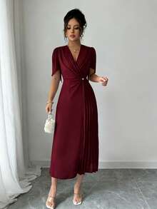 Rafferiza Solid Color Chiffon Cinched Waist Elegant Pleated Dress - Burgundy - View 5