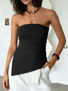EMERY ROSE Women's Elegant Solid Color Asymmetric Hem Tube Top, Summer - Black - View 4