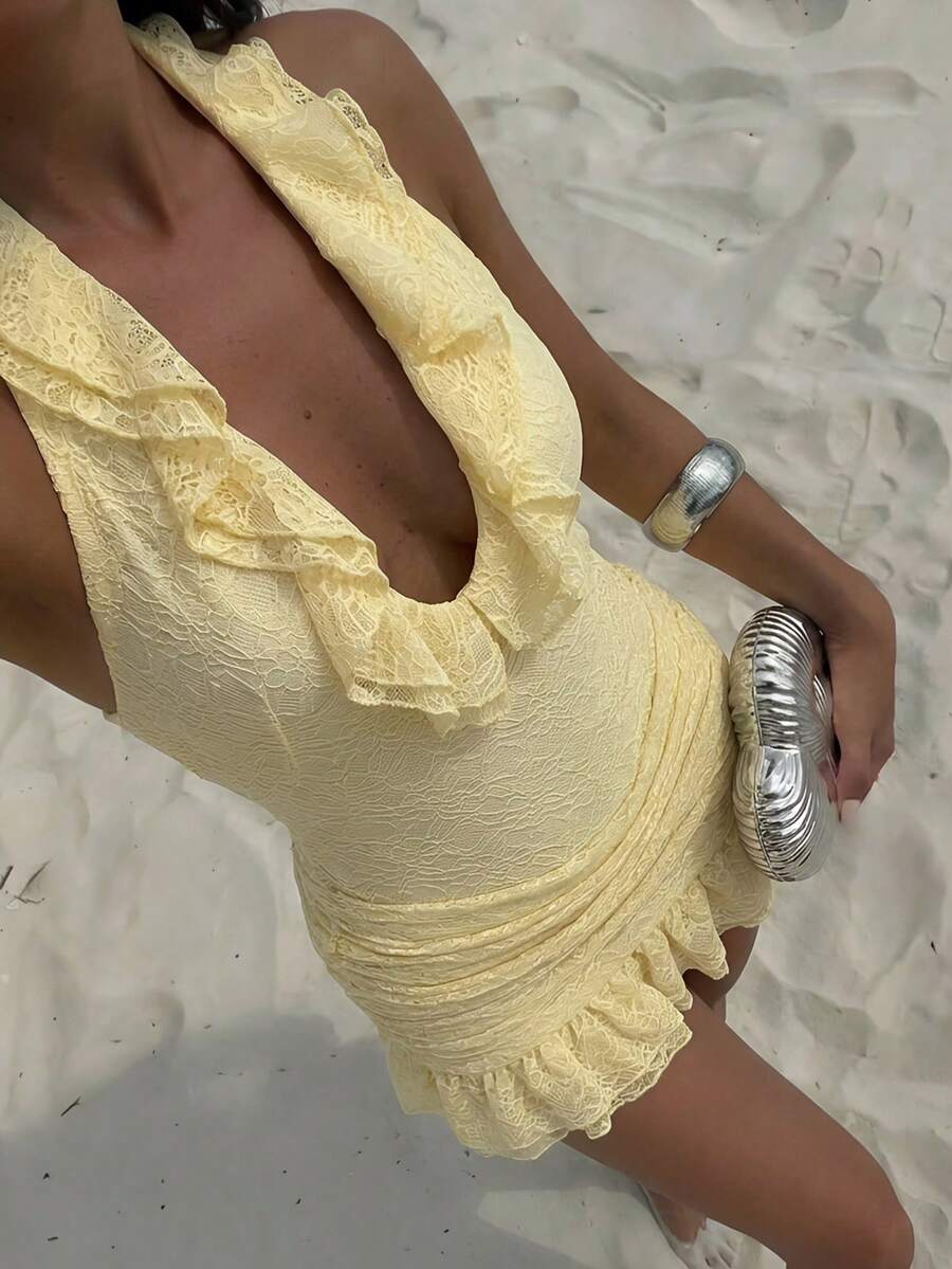 Aloruh 女士Y2K紧身迷你连衣裙,荷叶边下摆,防闪光内衬,挂脖系带,超短裙 - 淡黃色 - 查看 1