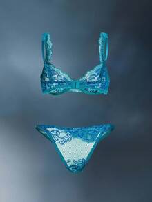 Floral Lace Underwire Lingerie Set - Blue - View 2
