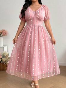Vionelle Vestido de mujer talla grande de estilo romántico francés con jacquard tejido, de primavera y verano, con delicados tirantes, manga farol bordada, cintura ceñida. Vestido romántico para invitada de boda, elegante vestido de verano para mujer, vestido de vacaciones y cumpleaños. Vestido de verano para mujer, vestido rosa, vestido midi, vestido bordado, vestidos de buena calidad, vestidos vintage, vestidos para mujer, último modelo de vestido, vestido vintage, vestido curva - Rosa vieja - Ver 1