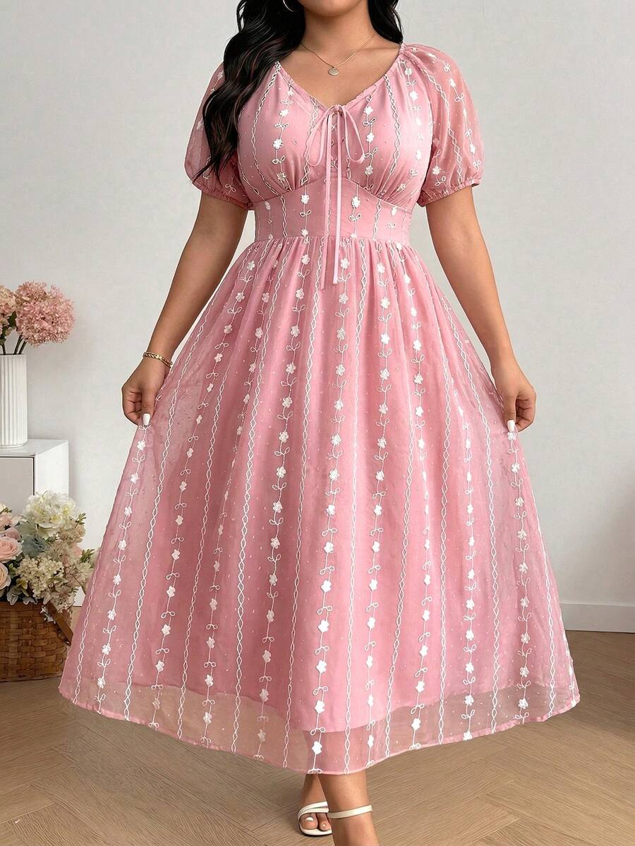 Vionelle Vestido de mujer talla grande de estilo romántico francés con jacquard tejido, de primavera y verano, con delicados tirantes, manga farol bordada, cintura ceñida. Vestido romántico para invitada de boda, elegante vestido de verano para mujer, vestido de vacaciones y cumpleaños. Vestido de verano para mujer, vestido rosa, vestido midi, vestido bordado, vestidos de buena calidad, vestidos vintage, vestidos para mujer, último modelo de vestido, vestido vintage, vestido curva - Rosa vieja - Ver 1