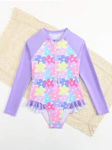 SHEIN Traje de baño de una pieza con volantes y estampado floral elegante para niñas, con cierre delantero, adecuado para playa, resort, primavera/verano/otoño - Morado - Ver 6