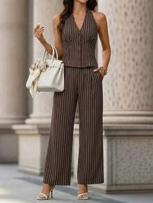 Editum Conjunto de 2 piezas de top con cuello de halter elegante a rayas y decoración de botones, y pantalones rectos con dobladillo de volantes, adecuado para ir a la oficina, citas y múltiples ocasiones - Multicolor - Ver 5