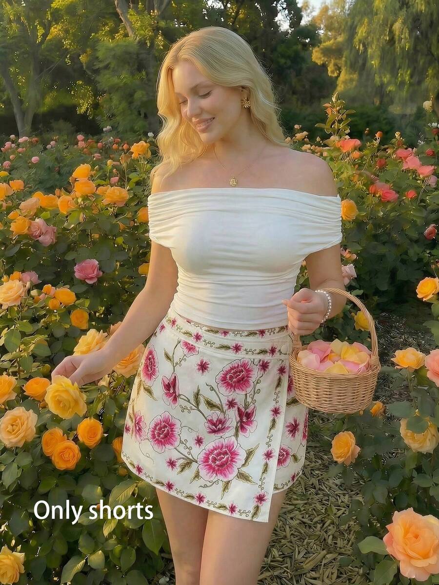 SHEIN MOD Váy/quần cỡ lớn in họa tiết quả mơ, thiết kế bất đối xứng, quần short du lịch mùa xuân/hè, quần short in họa tiết lãng mạn. - Nhiều màu - Xem 1