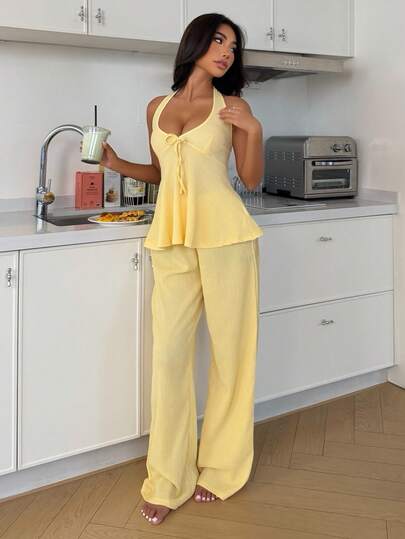ZzzCrew Solid Color Front Tie Halter Top And Lounge Pants Set