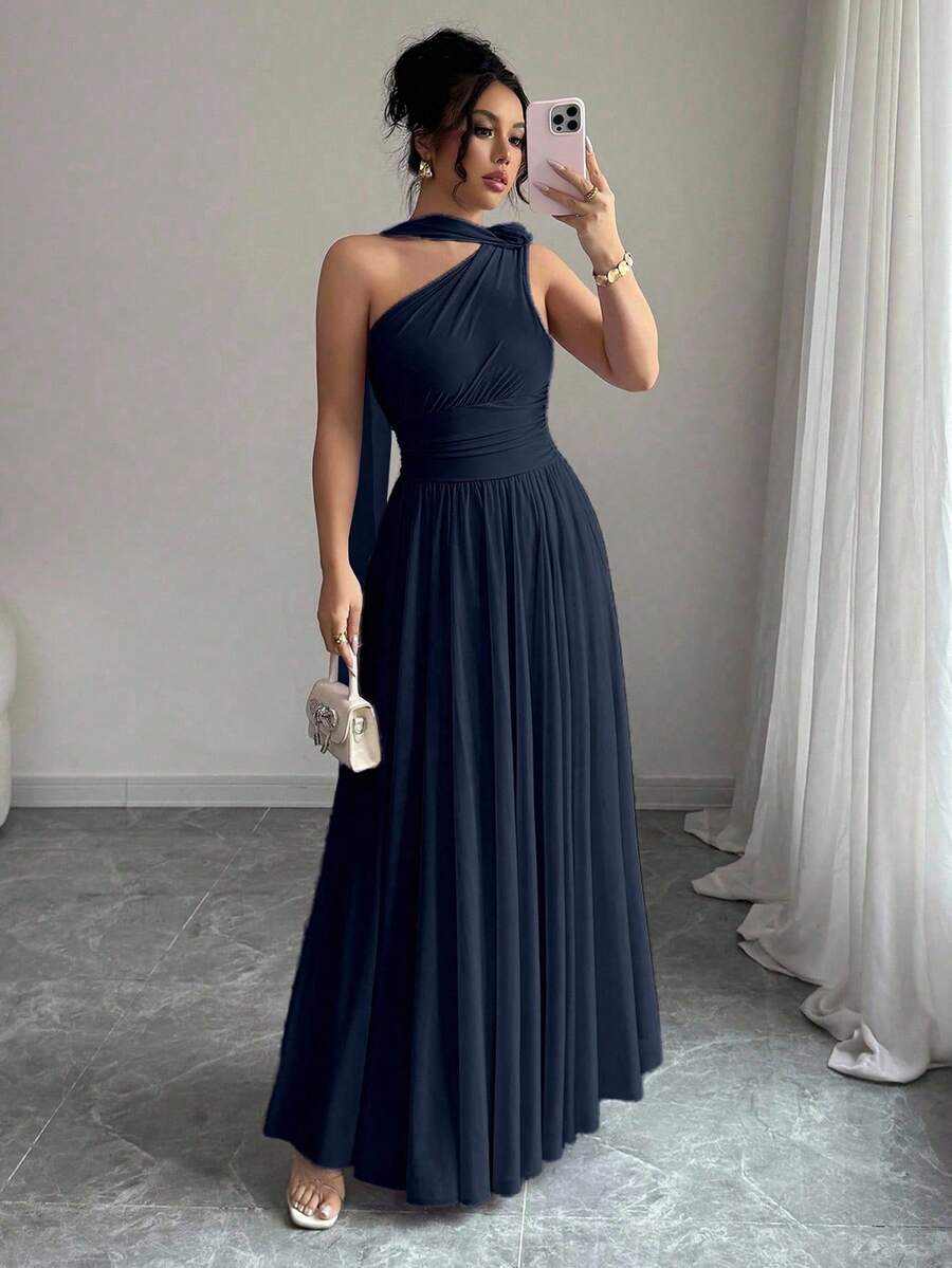 SHEIN Elenzya 女士优雅度假及日常穿着欧美风不对称肩部花卉装饰连衣裙，适合外出、约会、度假、购物等各种场合。 - 寶藍色 - 查看 1